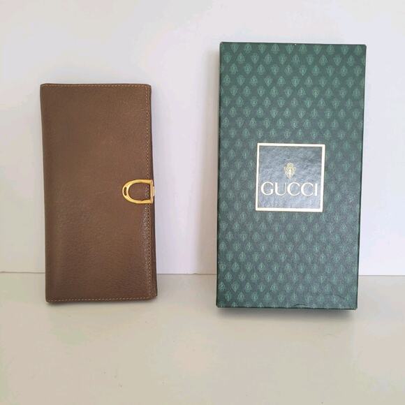 GUCCI Vintage Clasp Horsebit Wallet Bifold Brown Large Retro Clutch Leather Box - Picture 1 of 16